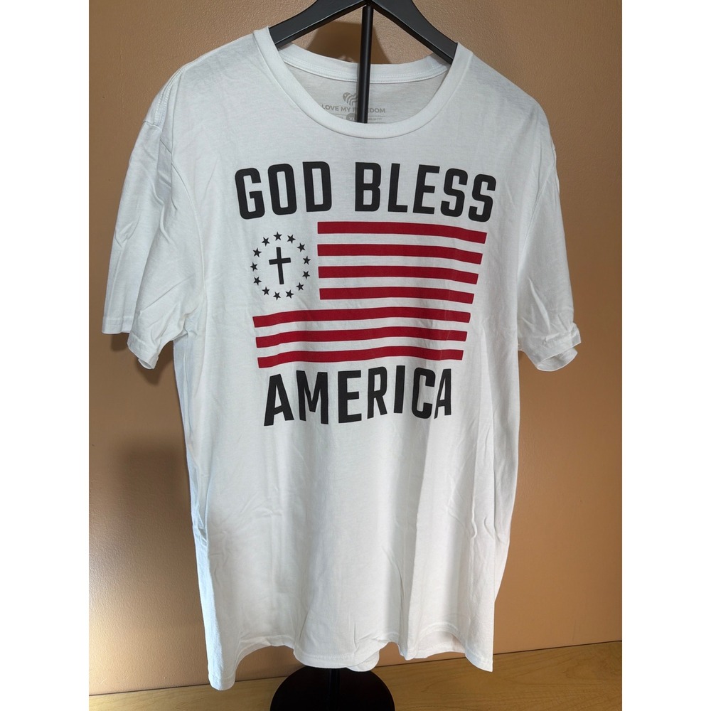 I Love My Freedom God Bless America T-Shirt‎ Mens XL White Patriotic Cross Flag